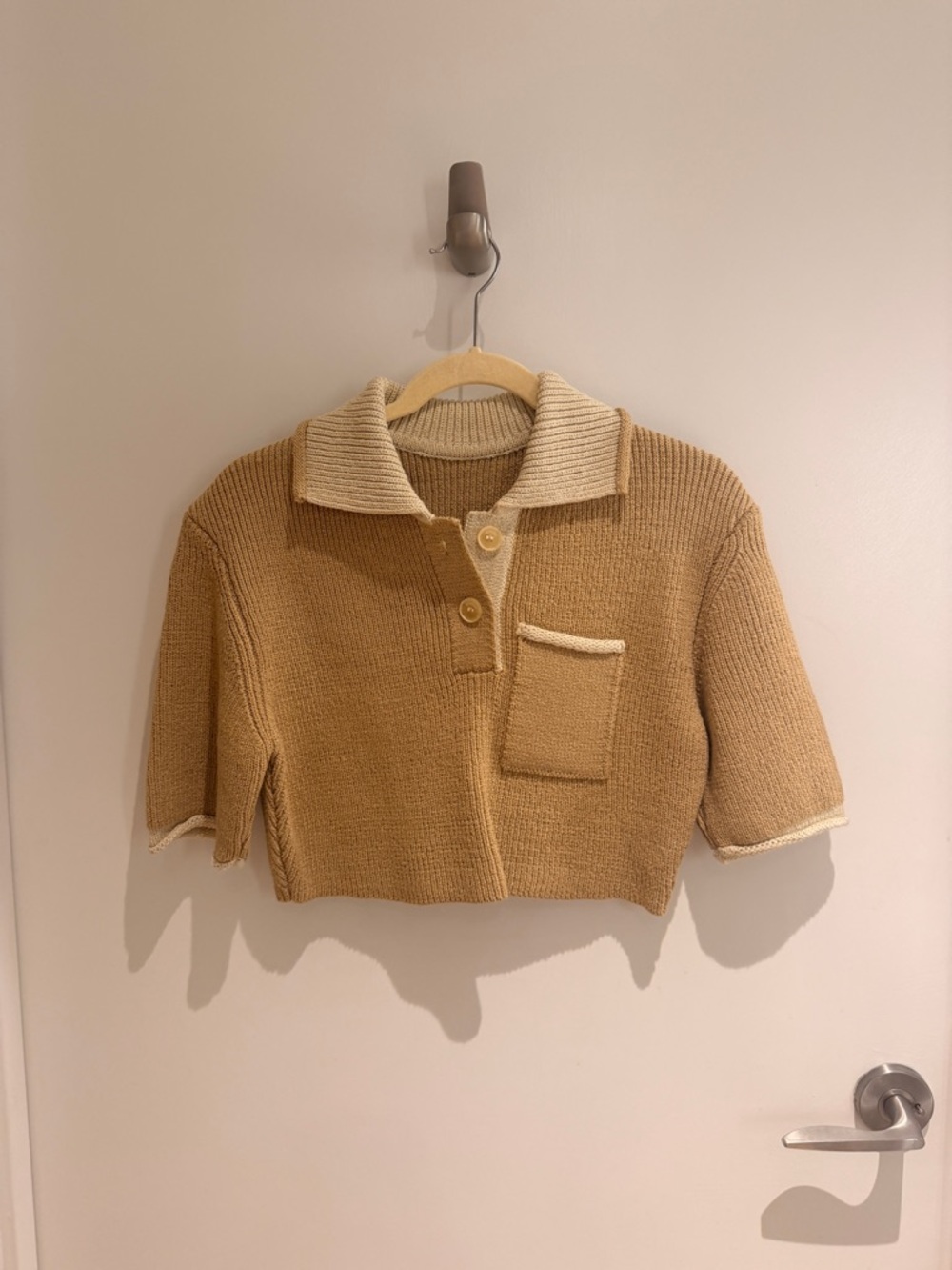 Jacquemus Camel Ribbed Knit Crop Polo Top